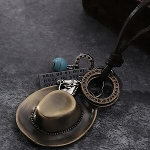 Antique Gold Cowboy Hat and Multi Charm Pendant Necklace